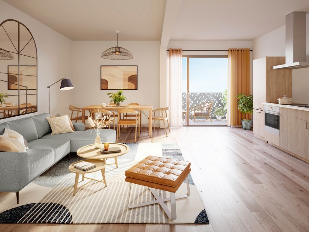 Perspecitve 3D pour l'immobilier de la vue intérieure d'une pièce à vivre avec un aménagement aux tons chauds.
