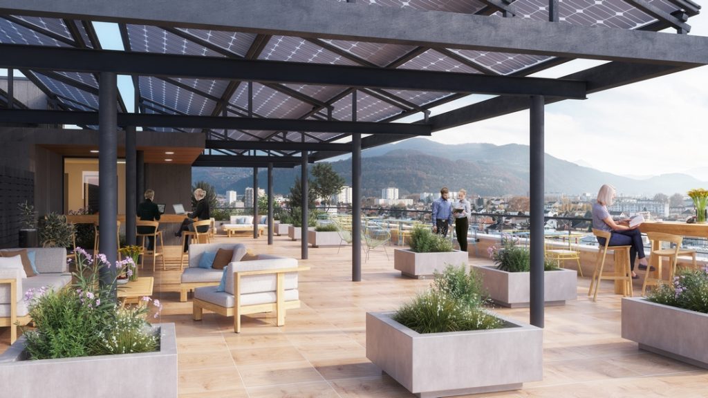 Perspective 3D d'une terrasse de bureaux pour retranscrire l'ambiance et les espaces de travail.